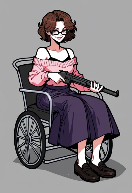 score_9, score_8_up, score_7_up, score_6_up, score_5_up, score_4_up,
BREAK
1girl, olivia funger, brown hair, short hair, black-framed eyewear, grey eyes, wavy hair, evil smile,
BREAK
sitting, wheelchair, holding shotgun, black camisole, pink sweater, sweater under shirt, purple skirt, long skirt, black loafers,
BREAK
black background, dynamic pose, dark, <lora:Lunas-2n5-Artist-SDXL-A1:1> <lora:Lunas-Olivia-Funger-SDXL-A1:1>
