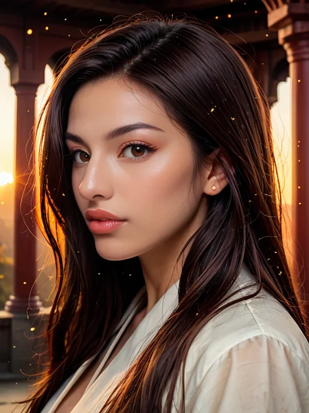 Score_9, score_8_up, score_7_up, bignoselady, large nose, aquiline, ((subsurface scattering)), dust particles, grain, <lora:Big_Nose_Ladies:.8>, 1girl, curvy, (porcelain skin), (monolid:1.4), asian, japanese, background is ancient samurai castle, looking at viewer, brown eyes, profile, (big lips), cupids bow, bow shaped lips, parted lips, illuminated in orange sunset light, profile