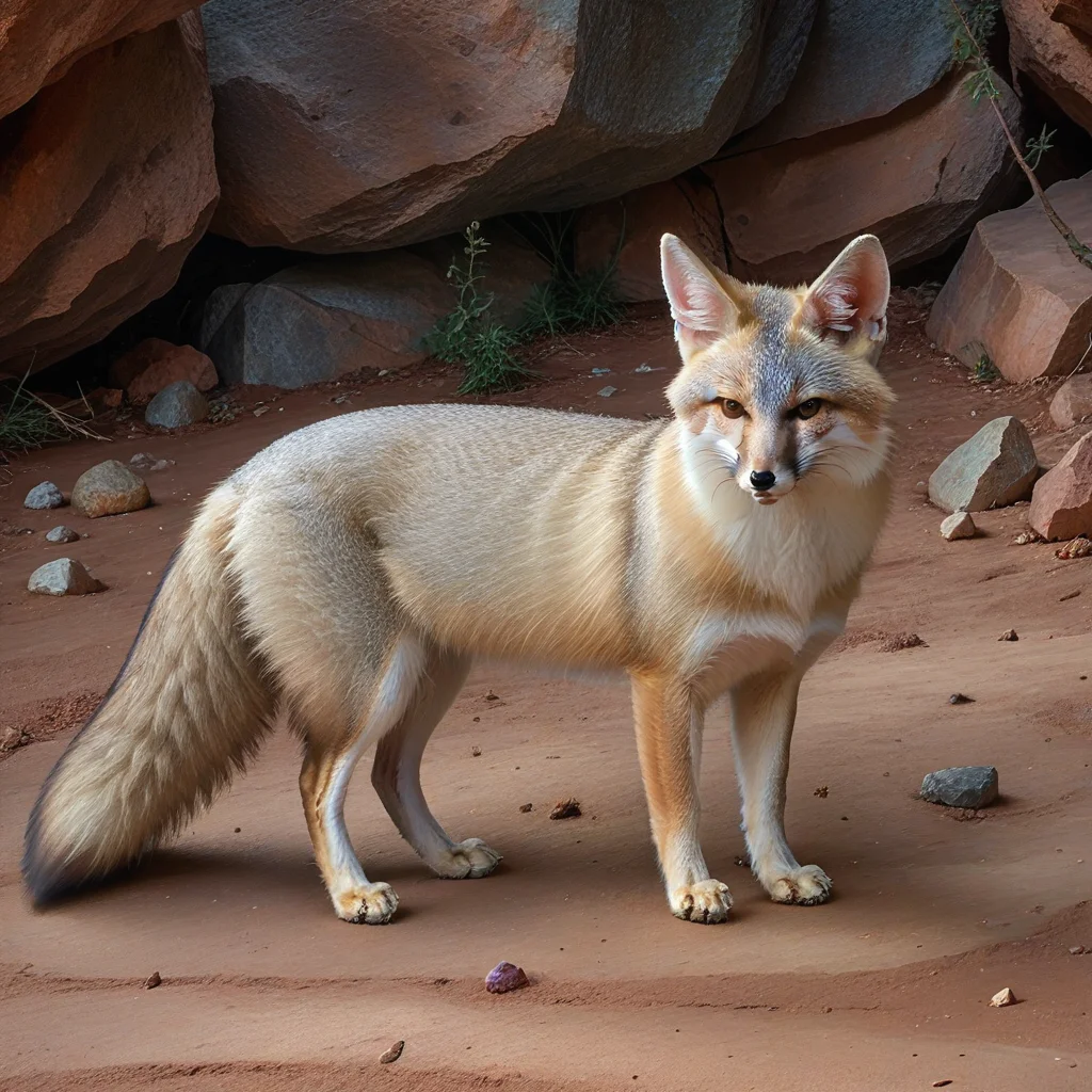 incredibly absurdres,solo,photorealistic,corsacfox,white fur,gray fur, multicolored fur,feral,detailed background,looking at viewer,outdoors,standing on ground,<lora:Foxes_-_Multiple_Species:1>,
