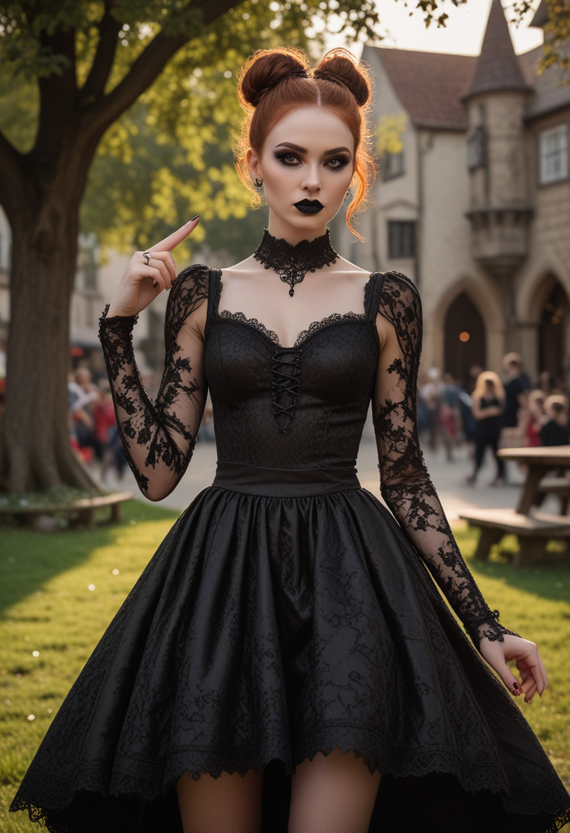 ((fashion photography)), perfect face, perfect eyes, (medium full shot) of  (angelic gothic maiden) young woman, black american, dark eyes, dark skin, dark skin, brown eyes, Average, extra long ginger bun hair, wearing Elvira-inspired dress in midnight black, form-fitting silhouette, lace stockings, high-heeled pumps, Black lipstick with glitter, dramatic smoky eyes with glitter accents, winged eyeliner, pale skin, black nail polish with glitter, set in  medieval Town Square, Open space bustling with activity, children playing tag on the grass, a well with a bucket dangling from a rope, benches shaded by leafy trees, a patch of herbs growing near the edge, a wooden stage set up for performances , at sunset, surprised, open mouth, pointing her finger at the viewer, masterpiece, best quality, photorealistic, very aesthetic