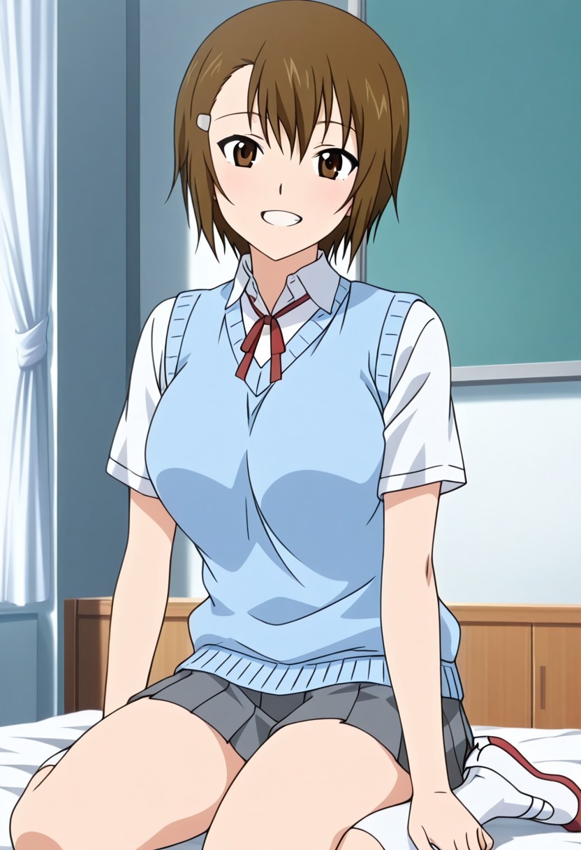 1girl, bedroom, happy, looking at viewer, BREAK, azumi souma joshikousei no koshitsuki anime style, hairclip, short hair, brown hair, brown eyes, large breasts, BREAK, azumi souma ep6 school outfit, blue sweater vest, dress shirt, collared shirt, white shirt, short sleeves, neck ribbon, red ribbon, pleated skirt, grey skirt, kneehighs, white socks, uwabaki, red footwear,