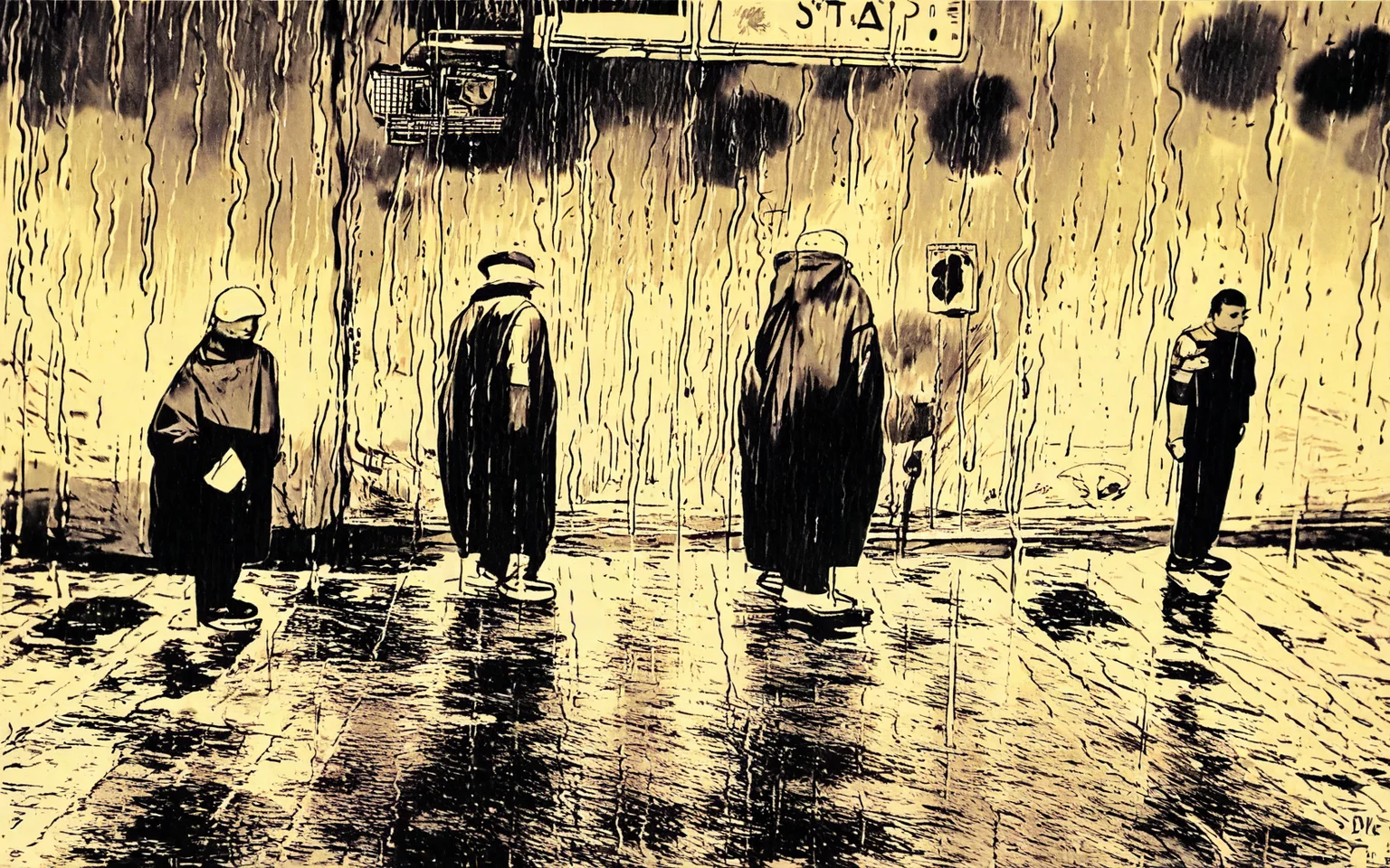 <lora:StreetPhotography_pony_v1:1> street photography, black and white,street photography \(genre\), photorealism \(style\) , 3boys,people are waiting at a busstop in the rain, candid, gloomy and dramatic full body   sharp focus, 8k, score_9, score_6_up, score_7_up