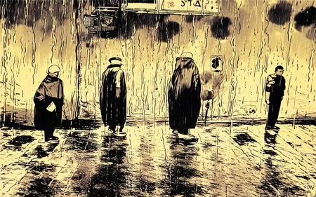 <lora:StreetPhotography_pony_v1:1> street photography, black and white,street photography \(genre\), photorealism \(style\) , 3boys,people are waiting at a busstop in the rain, candid, gloomy and dramatic full body   sharp focus, 8k, score_9, score_6_up, score_7_up