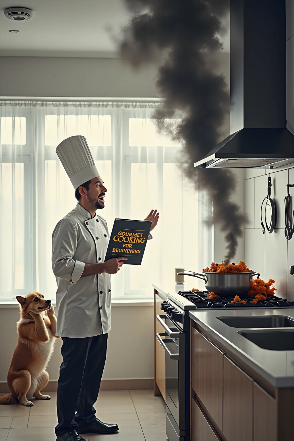A comical scene set in a modern kitchen where a chef, dressed in a full professional outfit with a tall white hat, stands in front of a stovetop that is billowing thick, black smoke. The chef, with a look of sheer panic and wide eyes, holds a cookbook titled "Gourmet Cooking for Beginners" upside down in one hand, while the other hand desperately fans the smoke with a spatula. On the stovetop, a pot overflows with a charred, unidentifiable dish that has clearly gone wrong, adding to the chaotic scene. The smoke alarm on the ceiling is blaring, and a small dog in the corner is covering its ears with its paws, further emphasizing the mishap. The kitchen itself is modern and sleek, with shiny countertops and stainless steel appliances, contrasting sharply with the disaster unfolding in the middle of it. The lighting is bright, making the thick black smoke even more prominent as it curls toward the ceiling, creating a humorous juxtaposition between the chef's intention and the actual result.