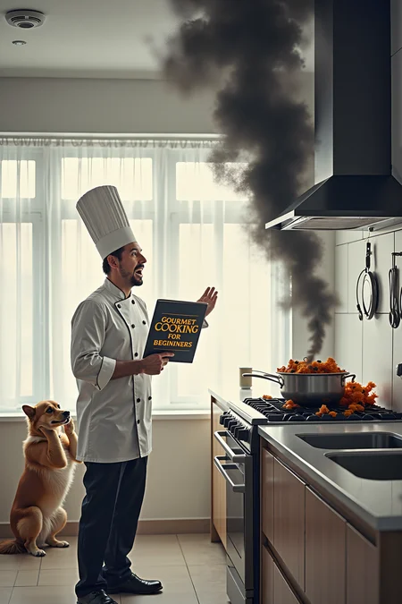 A comical scene set in a modern kitchen where a chef, dressed in a full professional outfit with a tall white hat, stands in front of a stovetop that is billowing thick, black smoke. The chef, with a look of sheer panic and wide eyes, holds a cookbook titled "Gourmet Cooking for Beginners" upside down in one hand, while the other hand desperately fans the smoke with a spatula. On the stovetop, a pot overflows with a charred, unidentifiable dish that has clearly gone wrong, adding to the chaotic scene. The smoke alarm on the ceiling is blaring, and a small dog in the corner is covering its ears with its paws, further emphasizing the mishap. The kitchen itself is modern and sleek, with shiny countertops and stainless steel appliances, contrasting sharply with the disaster unfolding in the middle of it. The lighting is bright, making the thick black smoke even more prominent as it curls toward the ceiling, creating a humorous juxtaposition between the chef's intention and the actual result.
