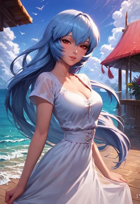 score_9, score_8_up, score_7_up, score_6_up, ayanami_rei, 1girl, [side view], looking at viewer, white sundress, see-through silhouette,diaphanous dress, rating_safe, summer, wind, beautiful woman, cute, sunlight, 
BREAK light blue hair, official_alternate_hairstyle, very long hair, long bangs, big eyes, red eyes, half-closed eyes, light smile, parted lips,
BREAK short sleeves, pale skin, cleavage,
BREAK outdoors, town, detailed background, island, seascape, blue sky,