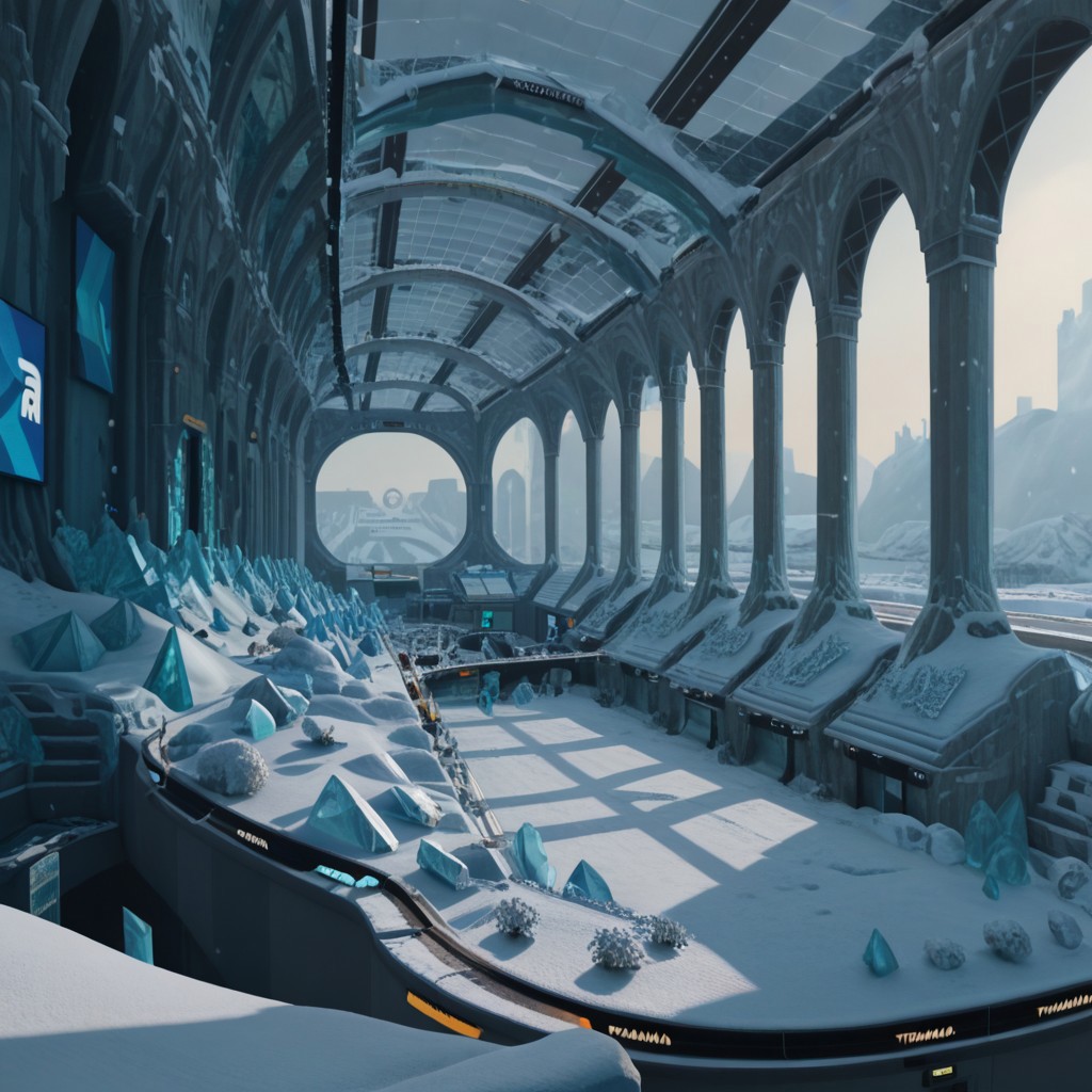 lazyup7, trackmania, 3d rendering, vector, screenshot, scenery, building, megastructure, inside, ice, winter