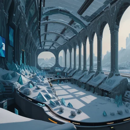 lazyup7, trackmania, 3d rendering, vector, screenshot, scenery, building, megastructure, inside, ice, winter