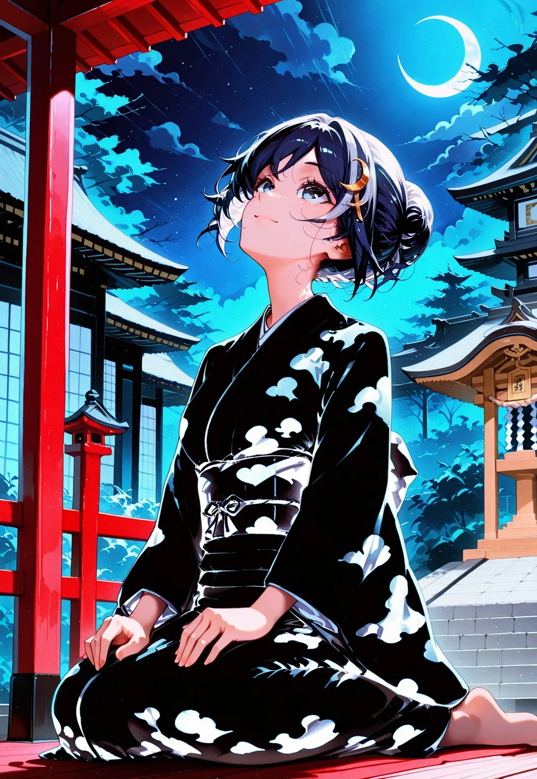 (invpa), 1girl, solo, wariza, hands_on_own_knees, looking up, light smile, awestruck,
kimono, long sleeves,
detailed background, shrine, night, moonlight, crescent moon,
(limited palette:0.3, minimalism:0.3), (moshimoshibe:0.5), (qqqrinkappp:0.5),
masterpiece, best quality, absurdres, newest