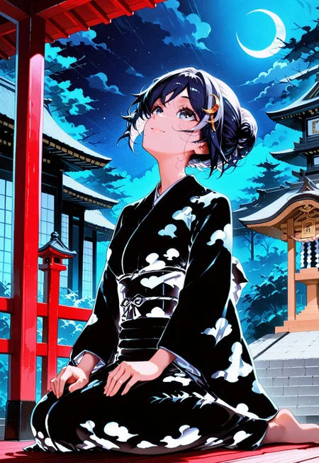(invpa), 1girl, solo, wariza, hands_on_own_knees, looking up, light smile, awestruck,
kimono, long sleeves,
detailed background, shrine, night, moonlight, crescent moon,
(limited palette:0.3, minimalism:0.3), (moshimoshibe:0.5), (qqqrinkappp:0.5),
masterpiece, best quality, absurdres, newest