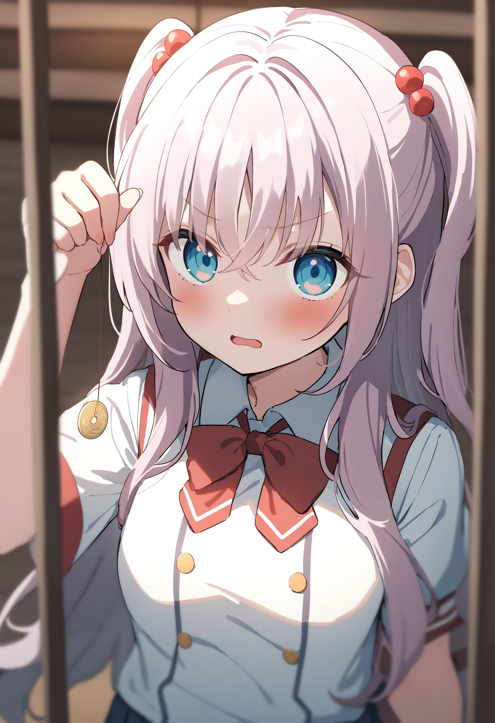 1girl,sincos, ningen mame, toosaka asagi,solo,medium breasts,school uniform,
hypnosis, mind control,looking at viewer,  hand up, coin on string, <lora:hypnosis_XL_v1:0.7>
portrait, white hair, silver eyes,disdain, in bars, open mouth, two side up hair,
best quality, very aesthetic, absurdres