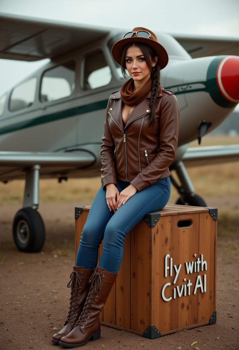 She is approximately 18 years old.she is standing, a vintage aircraft is in the background. Hyperrealism, she is looking at the camera, (dynamic angles), a beautiful, stunning unique female character. her eyes are filled with joy and excitement, extravagant eyelashes Felip@_Busty, a woman with dark hair. wearing a brown leather jacket and a brown hat with goggles and denim blue jeans and brown boots. is posing on a large wooden crate. She is posing for the camera, while sitting on a large crate. On the crate is written "fly with CivitAI". She is wearing a scarf and has a braid. The photo is in a sepia tone, giving it a vintage feel. The background is blurry, focusing on AGDV2_nokrea as the main subject. She has a slight smile on her face and is looking directly at the camera. making this image a masterpiece of photography and digital art. realistic. making this image a masterpiece of photography and digital art. Style: realistic hyper-detailed rendering, 32k UHD, expressive eyes, punk, graphic design, girl's face, pretty and cute, gleaming lips, telling a tale of adventure. Exuding confidence and serenity. The overall mood of the image is happy and relaxed,detailed skin texture,(blush:0.2),(goosebumps:0.3),subsurface scattering,whimsical,Detailed hand, Perfect hand. Perfection style. The scene is set outdoors, with a vintage plane visible in the background. The photo is taken in a close-up shot, focusing on Felip@_Busty legs and feet.aidmafluxpro1.1