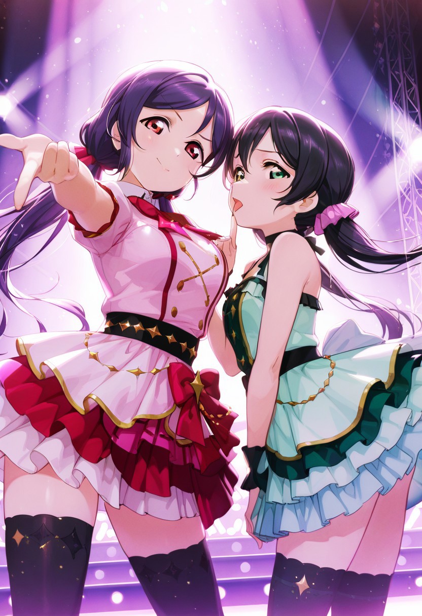 2girls,  light particles, , stage, stage lights, dramatic light,usnr, absurdres, highres, masterpiece, best quality, amazing quality, dynamic pose, dynamic angle,, equal focus, duo, interacting, idols, idols on stage, looking at viewer, height difference 
BREAK lovelive_nozomi,purple and green dress, skin thight dress, idol dress, star details, black thighhighs, large breasts, purple hair, parted bangs, low twintails, hair scrunchie, pink scrunchie, green eyes, tongue out, tall, big chest 
BREAK lovelive_nico,pink dress, idol dress, cute dress, heart details, bow details, black hair, twintails, red hairbow, red eyes, tsundere, short, flat chest