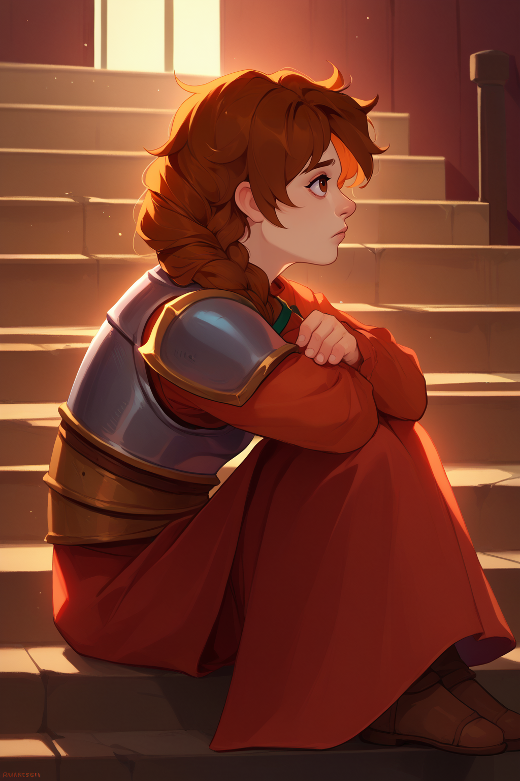 score_9, score_8_up, score_7_up, BREAK 1girl, solo <lora:NSMarnieStardew:1> NSMarnieStardew, single braid, brown eyes, brown hair, armor, sitting, side view, stairs, tired, looking up
