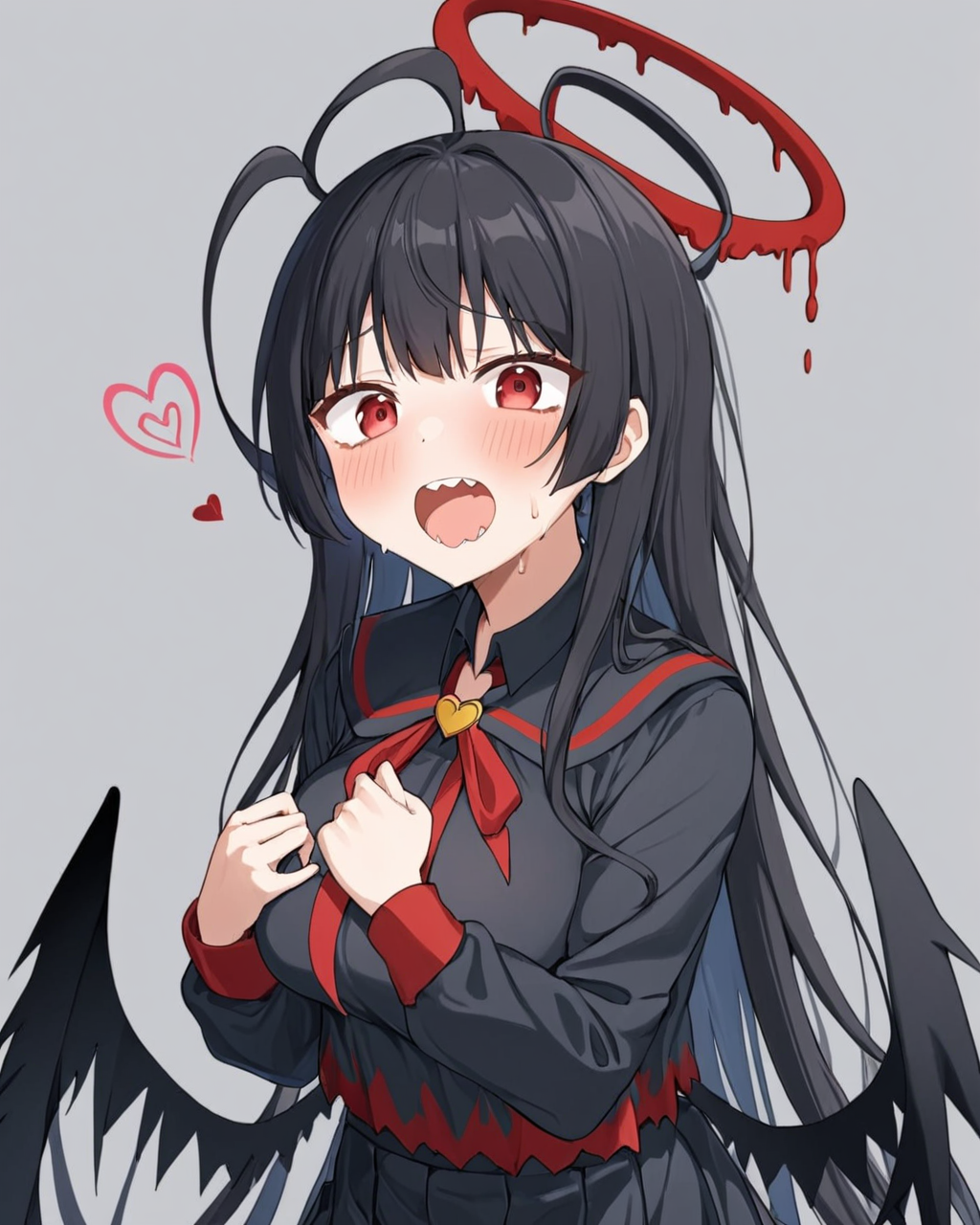 tsurugi \(blue archive\),1girl, halo, solo, blush, sweat, tongue_out, skirt, looking_at_viewer, heart, sharp_teeth, breasts, simple_background, open_mouth, trembling, grey_background, black_serafuku, blood, black_wings, long_sleeves
<lora:tsurugi_(blue_archive)_image724_2023-11-28:1>halo. gorgeous,key visual, vibrant, studio anime,award-winning, professional, highly detailed,high budget, cinemascope