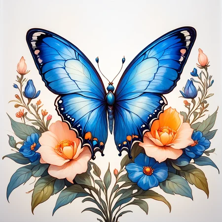 Score_9, score_8_up, score_7_up, score_6_up, BREAK <lora:ArtNouveau2Pony:1> ArsMJStyle, art nouveau,, The image shows a blue butterfly perched atop a vibrant array of flowers and leaves creating a beautiful and eye-catching piece of art., no humans, flower, bug, butterfly, butterfly wings, white background, wings, traditional media, still life, simple background