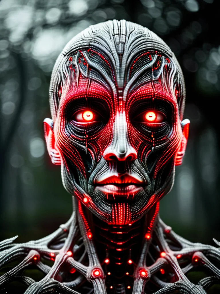 A creepy dark humanoid figure with big red eyes, scary, eerie, stunning fantasy photo, fantasy background <lora:ral-ledlights-sdxl:1> made of ral-ledlights