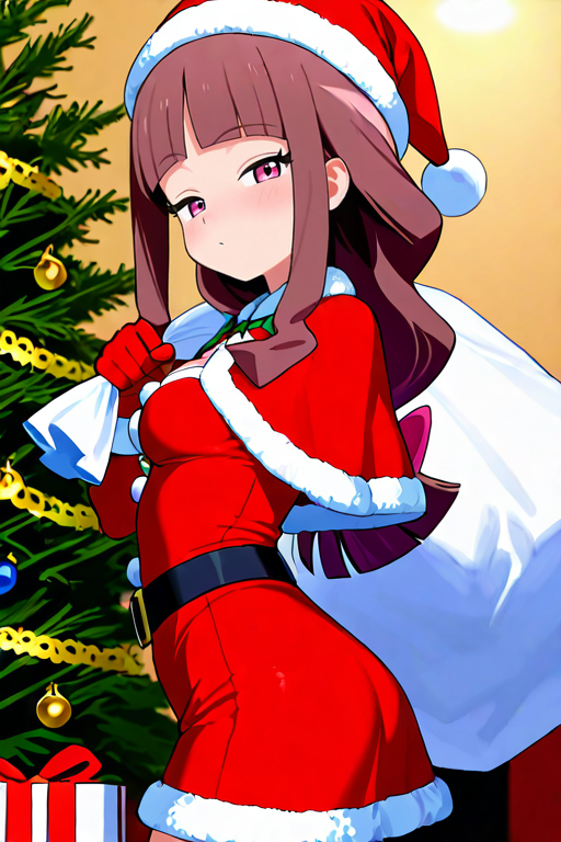 masterpiece, High quality, Ultra detailed, 2d, newest, absurdres, highres, BREAK
1girl, solo, <lora:tsukiyono_ruli:0.8>, ruli_tsukiyono,  long hair, low-tied long hair, blunt bangs, brown hair, purple eyes, 
medium breasts, ruliNd, santa costume, santa hat, christmas, sack, merry christmas, gift, fur-trimmed headwear, holding sack, santa dress, fur-trimmed dress, christmas tree, christmas tree, fur trim, red capelet, gift box, red gloves, fur-trimmed capelet, santa gloves, red hat, hat, narrowed eyes,