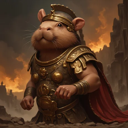 Anthropomorphic capybara dressed as a spartan warrior from the movie 300, evangsurreal, surrealist art ,abstract ,science fiction , sci-fi