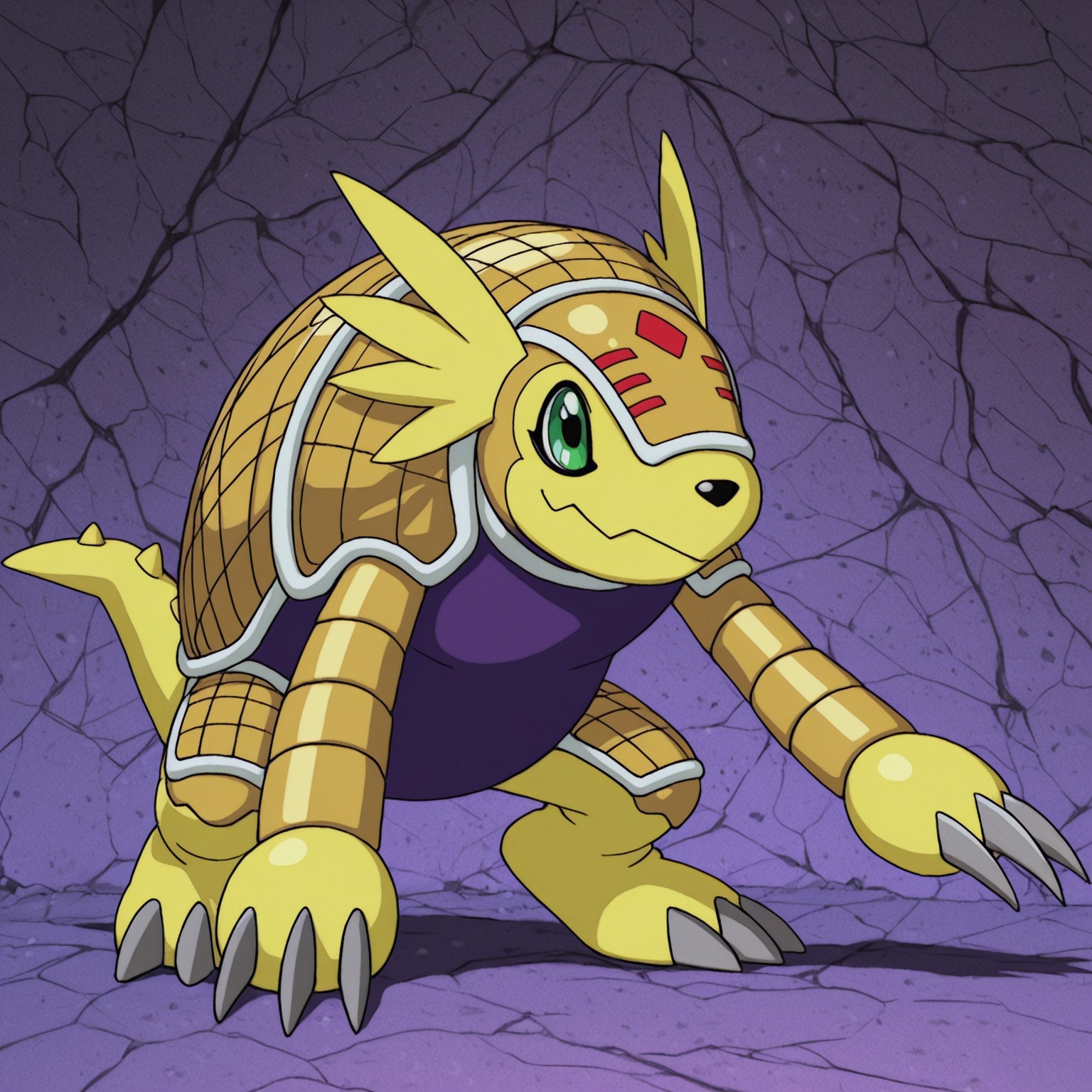 2d, solo, Digimon (creature), Armadillomon, armadillo, yellow fur, quadruped, green eyes, black nose, armor, shell, tail, claws, toe claws, tail spikes, three claws, purple underside 

BREAK standing, full body, smile, happy, abstract background 

BREAK best quality, amazing quality, very aesthetic, absurdres, newest