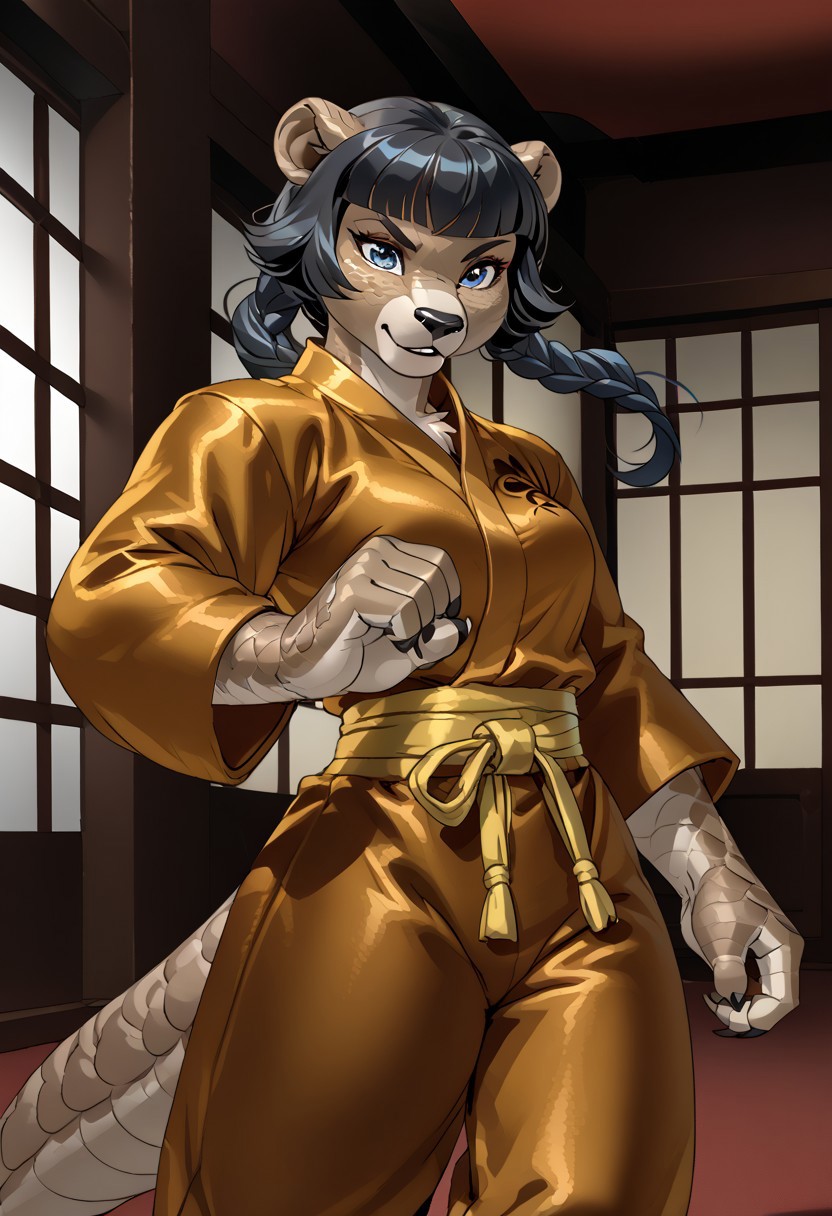 score_9, score_8_up, score_7_up, (by jailbird:1.5), (by kittydee:1.5), (by zummeng:1.5), masterpiece, best quality, (solo),  
(Furry Art: anthro: pangolin:1.5), 1girl, expressive eyes, feminine eyes, <lora:beautiful_detailed_eyes:1>, perfect face, exotic mammal, plate-like scales, claws, long snout, small animal ears, brown skin, blue eyes, (black hair:1.5), (straight hair), (twintail hair), medium breasts, (kung-fu topwear:1.5), (kung-fu pants:1.5),