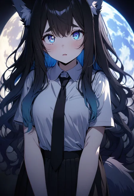gorgeous lips, cinematic, (masterpiece), (best quality), (ultra-detailed), very aesthetic, illustration, perfect composition, intricate details, absurdres, detailed face, (anime, masterpiece, intricate:1.3), (best quality, hires textures, high detail:1.2), (4k),(incredibly detailed:1.4) 
(detailed light), thin eyebrows, masterpiece, big fox ears, (((blue inside hair))), shiny hair, (black_hair :1.7), (dark_blue_hair :1.2), (gradient hair :1.5), blue flower hair ornament, ahoge, (((long hair))), shy, black and white, straight black fox ears, fluffy fox ears, big pointed fox ears, black fox ears with white inside, pastel dark blue eyes, dark blue eyes, ((white tips)), ((black tails)), short, petite, pale skin, small chest,  detailed lighting, detailed eyes, detailed lighting, detailed eyes, detailed fabric, detailed skin, beautiful eyes, sun light particles
full moon, night, sparkling eyes looking up to the moon, shocked, plain white buttoned shirt, black pleated skirt, black neck tie, cowboy shot, remote shot, arms resting on the side ,mksks,NEON COLOR, LOFI COLOR
