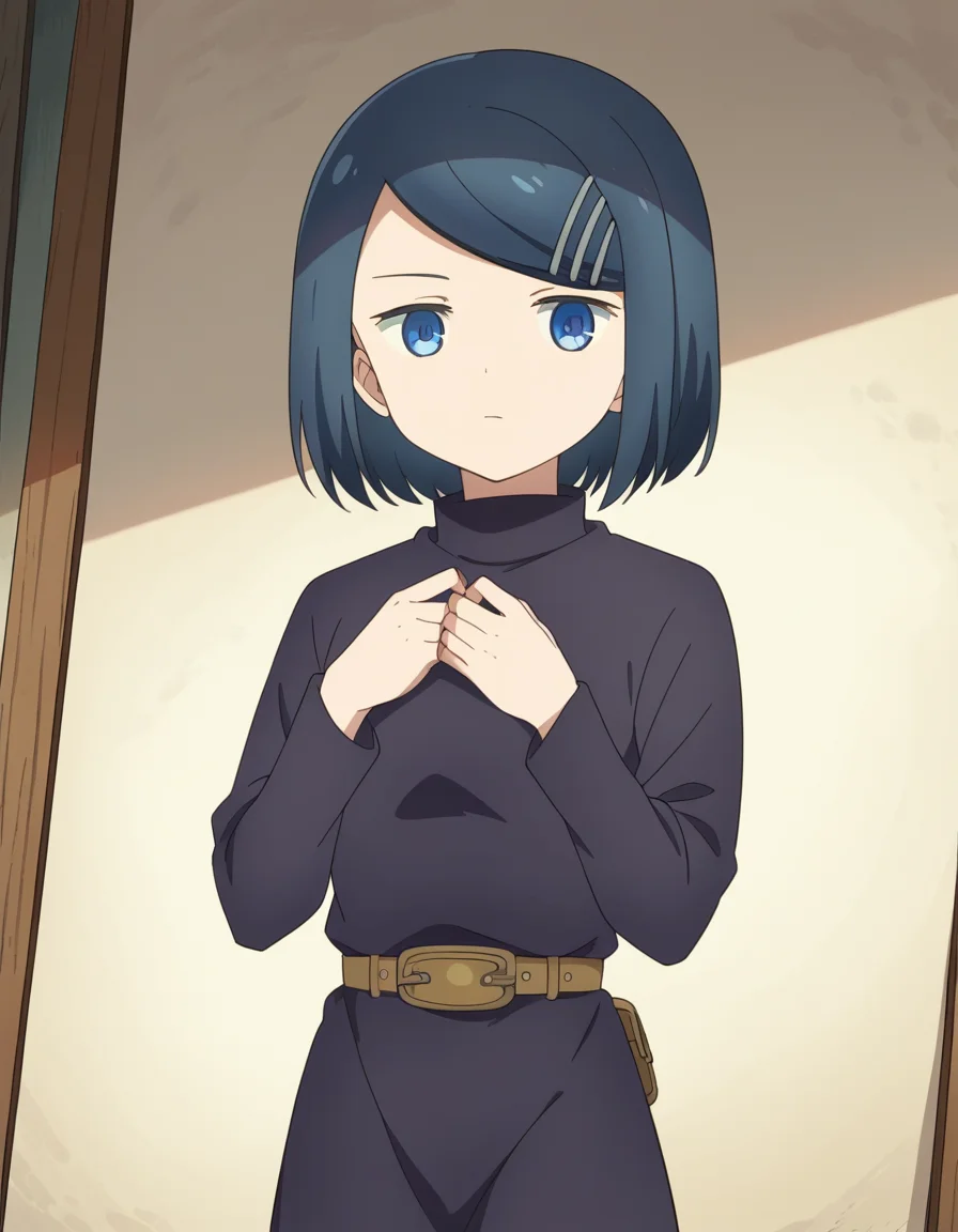 score_9, score_8_up, score_7_up, source_anime, <lora:dungeonpeople-clay-s1-ponyxl-lora-nochekaiser:1>, clay, short hair, blue eyes, black hair, hair ornament, blue hair, hairclip, swept bangs,, dress, belt, long sleeves, turtleneck,, museum, art exhibit, paintings, observing, quiet contemplation, cultural experience, , looking at viewer, hands on own chest,, solo,, cowboy shot, dutch angle