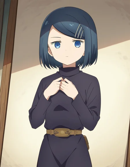 score_9, score_8_up, score_7_up, source_anime, <lora:dungeonpeople-clay-s1-ponyxl-lora-nochekaiser:1>, clay, short hair, blue eyes, black hair, hair ornament, blue hair, hairclip, swept bangs,, dress, belt, long sleeves, turtleneck,, museum, art exhibit, paintings, observing, quiet contemplation, cultural experience, , looking at viewer, hands on own chest,, solo,, cowboy shot, dutch angle