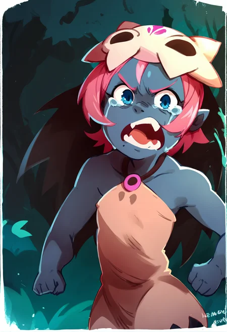 (score_9, score_8_up), score_7_up, score_6_up, score_5_up, score_4_up, Coqueline, 1girl, blue skin, pink hair, blue eyes, skull hat, short beige dress, sleeveless, bare shoulders, halterneck, fleeing, running, open mouth, crying aqua \(meme\), forest, night, dark, followed by wolf, angry wolves, upper body, looking at viewer, ears <lora:Coqueline_XL_Pony:1>  <lora:khyle. style:1> khyle.