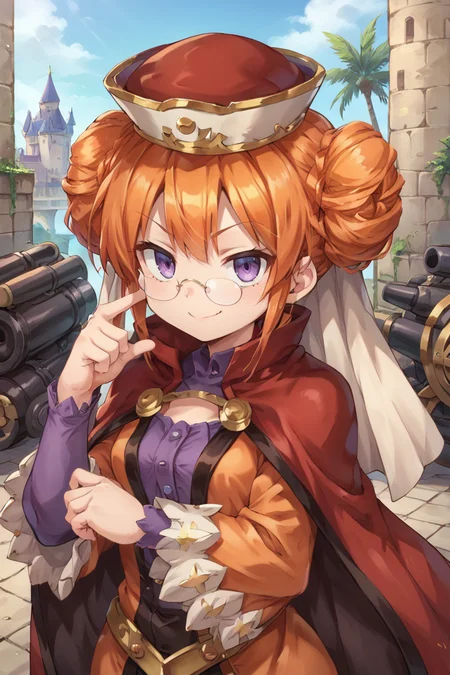 score_9, score_8_up, score_7_up, score_6_up, source_anime, BREAK,<lora:Eudy:0.7> , eudef, 1girl, purple eyes, orange hair, double bun, doughnut hair bun, glasses, cape, hat, veil, orange dress, shirt under dress, purple shirt (looking at viewer), smug, raised palm, action pose, smile, closed mouth, upper body, castle, (cannon),, scenery, <lora:backgroundsetXL:0.4> , background,  <lora:m0njy4XLP:0.5> , m0njy4,