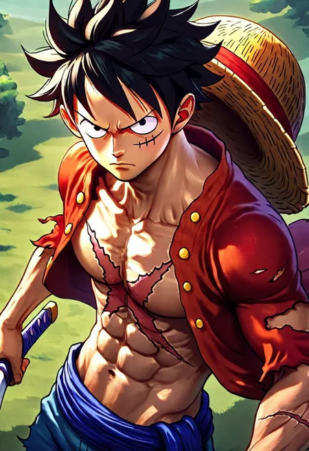 masterpiece, best quality,
,,,
short hair, shirt, black hair, 1boy, hat, navel, closed mouth, collarbone, weapon, male focus, outdoors, open clothes, sword, stomach, black eyes, v-shaped eyebrows, torn clothes, sash, open shirt, scar, abs, pectorals, scar on face, toned, serious, straw hat, bare pectorals, toned male, scar on chest, monkey d. luffy
