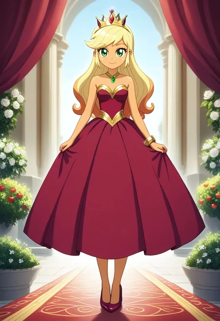score_9, score_8_up, score_7_up, score_6_up, source_cartoon, rating_safe, My Little Pony Equestria Girls, very young little human girl Applejack wearing a fit green|brown|darkpurple|wine|red gradients colors short princess dress, elegant detailed princess shoes, solo, 1girl, little princess girl, gradient golden blond hair with crown hairband, smile, childhood, looking at viewer, glow detailed eyes, garden of canterlot, tul, chiffon, laces, semi realistic cartoon, unreal engine 5, full body close-up, absurdres, digital art, soft light, perfect hands, perfect, hands, perfection, soft orange skin, green eyes, apples accesories and shoes, jewelery, tres chic,<lora:age_slider_v4:-4>,