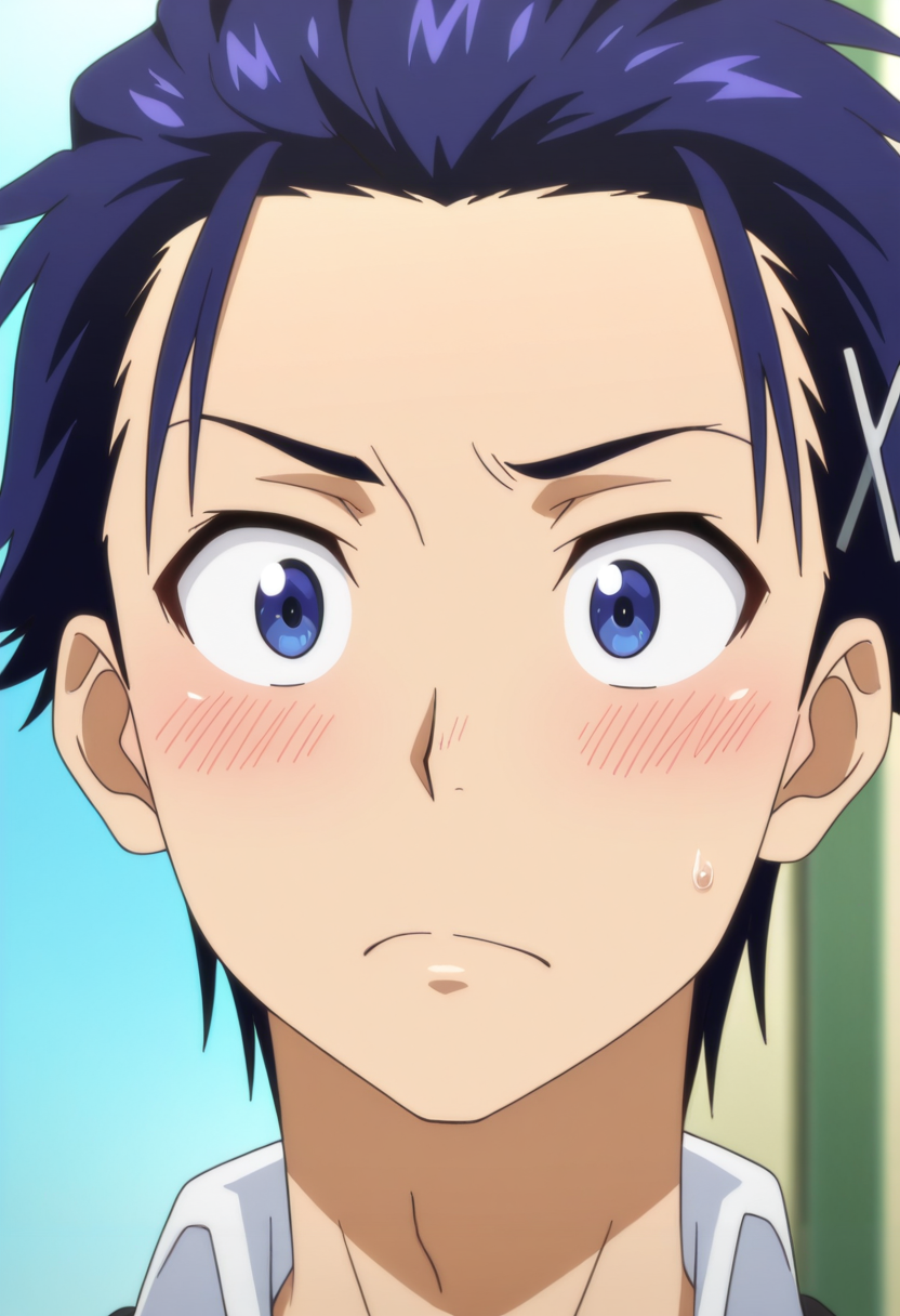 masterpiece, best quality, amazing quality, intricate details, official style, depth of field, anime screencap , , , 1boy, solo, male focus,  <lora:Raku_Ichijou:0.80>, raku ichijou, blue hair, blue eyes, short hair, hairclip, slicked back hair, portrait, blush