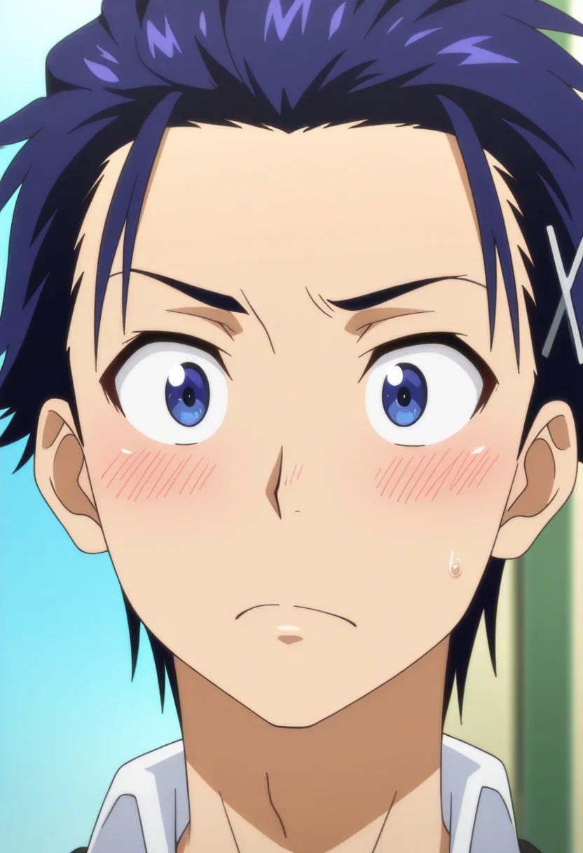 masterpiece, best quality, amazing quality, intricate details, official style, depth of field, anime screencap , , , 1boy, solo, male focus, <lora:Raku_Ichijou:0.80>, raku ichijou, blue hair, blue eyes, short hair, hairclip, slicked back hair, portrait, blush