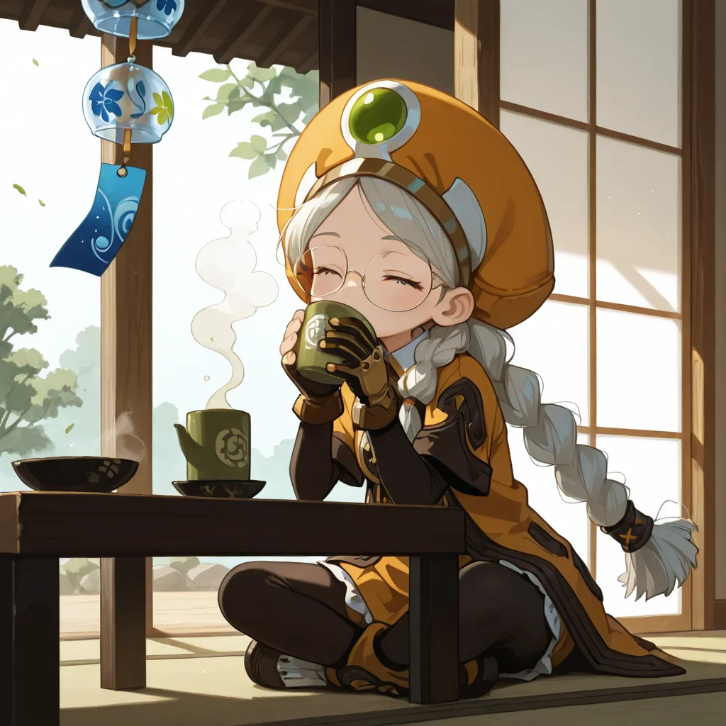 A detailed anime character of AcadDN01, drinking hot green tea, closed eyes, parted_hair, white twin braids, fingernails, no headwear, no gloves, (an orange headwear dropped on the floor:1.2), gloves placed on a coffee table in the foreground, twin braids, middle part hairstyle, parted bangs, japanese wind chime, relaxing mood, Japanese garden, soft lighting <lora:academic_dragonnest:1>