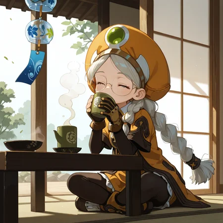 A detailed anime character of AcadDN01, drinking hot green tea, closed eyes, parted_hair, white twin braids, fingernails, no headwear, no gloves, (an orange headwear dropped on the floor:1.2), gloves placed on a coffee table in the foreground, twin braids, middle part hairstyle, parted bangs, japanese wind chime, relaxing mood, Japanese garden, soft lighting <lora:academic_dragonnest:1>