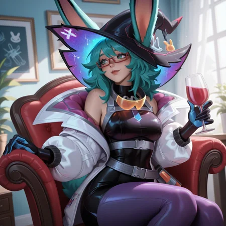 masterpiece, best quality, newest, absurdres, highres, battlebunnyaurora, 1girl, white jacket, open jacket, rabbit tail, witch hat, medium hair, rabbit ears, freckles, red framed eyewear, green hair, green eyes, off shoulder, multicolored gloves, purple pantyhose, belt, black dress, collar, solo, sitting, chair, indoors, holding cup, looking to the side, light smile <lora:BattleBunnyAurora:1>