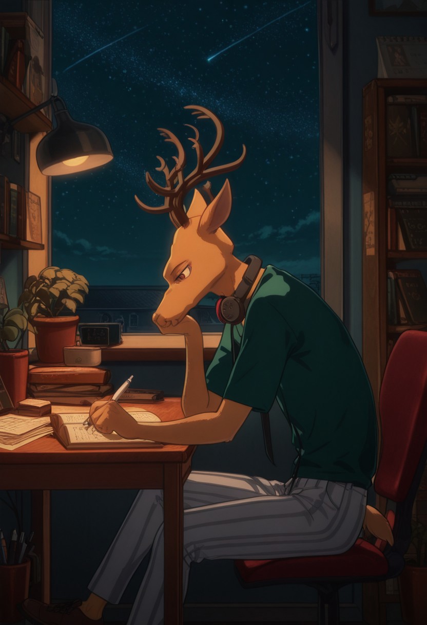 masterpiece, best quality, BREAK, 
LouisBeastars, broad shoulders, mature male, reddish brown eyes, athletic build, slim build, deer, buck, antlers, brown body, animal ears,
blue polo shirt, grey striped pants, brown shoes, 
sitting, side view, desk, chair, book, bookshelf, head rest, headphones around neck, holding, holding pen, lamp, night, open book, pen, plant, potted plant, sky, star (sky), starry sky, window, windowsill, writing, <lora:LofiGirl_Style_IXL:1.0>,