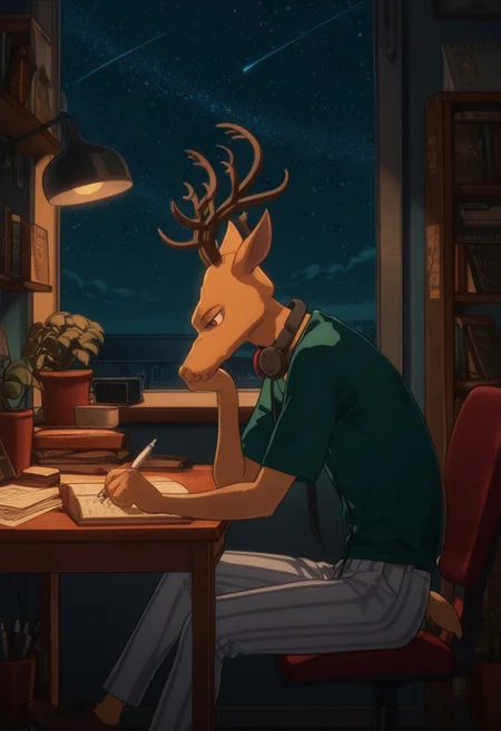 masterpiece, best quality, BREAK,
LouisBeastars, broad shoulders, mature male, reddish brown eyes, athletic build, slim build, deer, buck, antlers, brown body, animal ears,
blue polo shirt, grey striped pants, brown shoes,
sitting, side view, desk, chair, book, bookshelf, head rest, headphones around neck, holding, holding pen, lamp, night, open book, pen, plant, potted plant, sky, star (sky), starry sky, window, windowsill, writing, <lora:LofiGirl_Style_IXL:1.0>,
