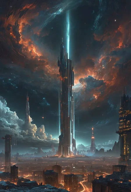 A captivating night scene illustration featuring a high tech and futuristic grand space elevator rising from a great futuristic city on a great mountain. The space elevator rises all the way to outer space. The full moon graces the sky, casting an ethereal glow on the clouds and elevator and the city, while wispy clouds partially obscure its brilliance, adding to the scene's mystique. Twinkling stars dot the sky, creating a celestial tapestry that harmonizes with the moon's radiance. This enchanting artwork captures a serene and peaceful night, where the space elevator stands resolute amidst the celestial beauty, creating a cinematic experience., illustration, cinematic
<lora:DonM3t3rn1tyXL-v1.1:0.7>, DonM3t3rn1tyXL,
OverallDetailXL <lora:MJ52:0.3> <lora:SDXLFaeTastic2400:0.4> <lora:EpicF4nta5yXL:0.7>