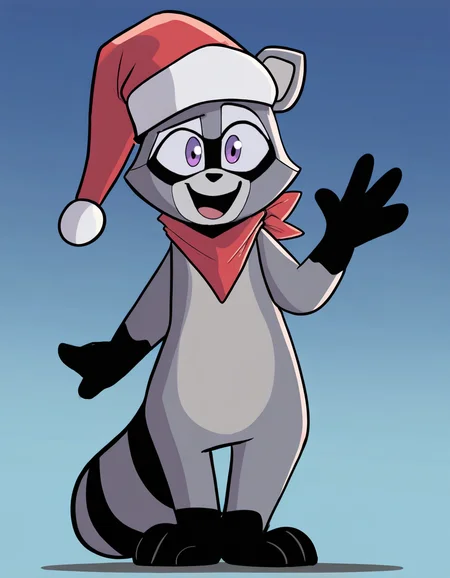 masterpiece, best quality, absurdres, highres, solo, prngs, thick outline, outline,
male, rambley, raccoon, gray body, black feet, black hands, purple eyes,
santa hat, engineer hat, red bandana,
looking at viewer, waving, open smile, happy, short height,
gradient background, blue background
<lora:Rambley:1> <lora:PringusMcDingus-Illustrious:1>