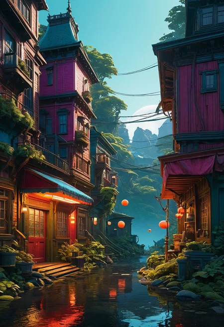 Rivendale, Vibrant, detailed matte painting of an ethereal fantasy realm, teeming with intricate details, rendered in deep, rich colors with bold, complementary hues, reminiscent of Artstation's trending 8K resolution Unreal Engine 5 showcases, with an emphasis on fantasy concept art, evoking the styles of Simon Stalenhag, Loish, and Ash Thorp, blending traditional and digital media to create a captivating, high-fidelity splash screen image, Accurate, reminiscent of Dan Jurgens' and Brett Breeding's comic book art, with smooth, precise lines and vibrant, popping colors, perfect for a dramatic, haunting visual effect.