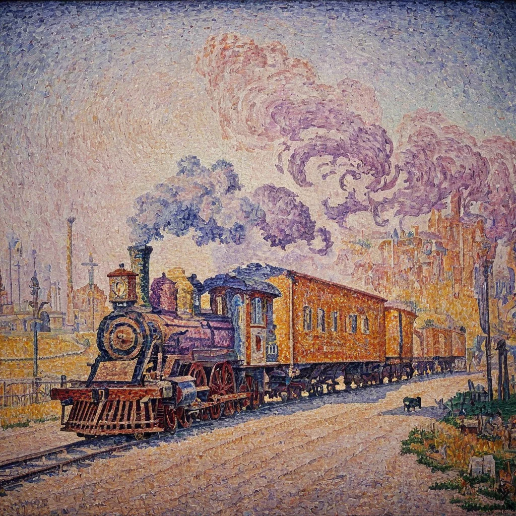 Painting of train in western movie AH_Signac<lora:Paul_Signac_Neo-Impressionist_dotted_paintings_Pointillism:1>