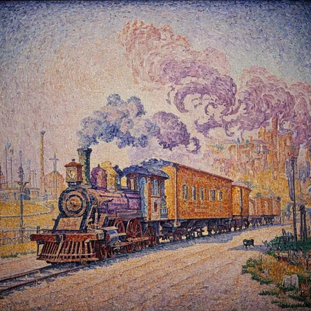 Painting of train in western movie AH_Signac<lora:Paul_Signac_Neo-Impressionist_dotted_paintings_Pointillism:1>