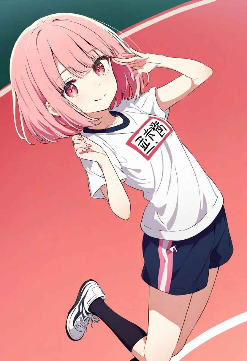 great quality,1girl,solo,, (almic,akakura,ogipote:0.9),(sincos:0.7) ,,,full body,, (gasping:1.2) ,,(arched back, leaning back:1.15),,legs,shoes,white shoes,tiptoes, black socks,,pink hair, medium hair,bob cut,red ruby eyes,petite, medium small breasts,,white shirt, jym shirt,sports wear,gym shorts,smile, wavy hand,hand up,looking at viewer