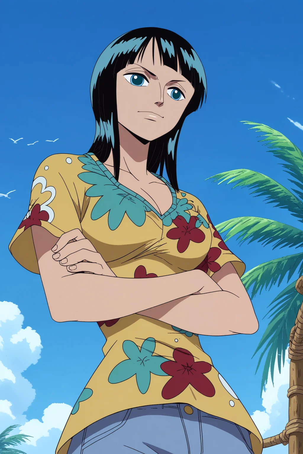 nico robin,1girl,solo,mature,long hair,bangs,blunt bangs,short hair,breasts,cleavage, medium_breasts, midriff, collarbone,shirt,jeans,denim, crossed arms,from below, BREAK outdoors,pirate_ship,blue sky,sea,palm tree <lora:Nico_robin_before_Eclipse_-_Nico_Robin.safetensors:0.9> <lora:detailed_backgrounds_v2.safetensors:0.6>,