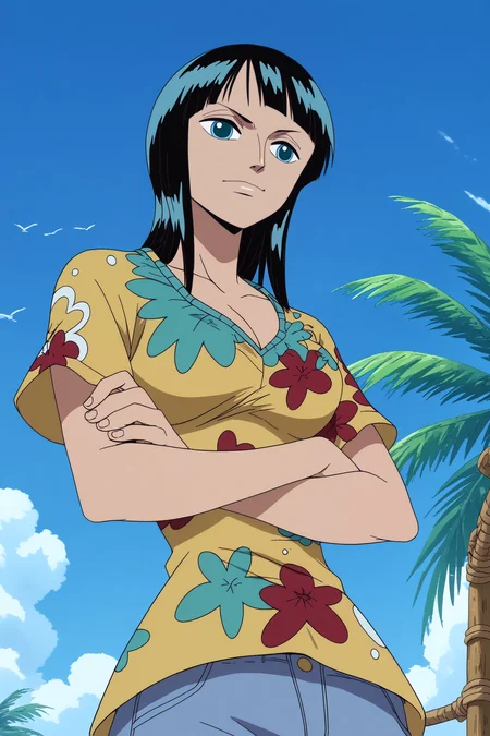 nico robin,1girl,solo,mature,long hair,bangs,blunt bangs,short hair,breasts,cleavage, medium_breasts, midriff, collarbone,shirt,jeans,denim, crossed arms,from below, BREAK outdoors,pirate_ship,blue sky,sea,palm tree <lora:Nico_robin_before_Eclipse_-_Nico_Robin.safetensors:0.9> <lora:detailed_backgrounds_v2.safetensors:0.6>,