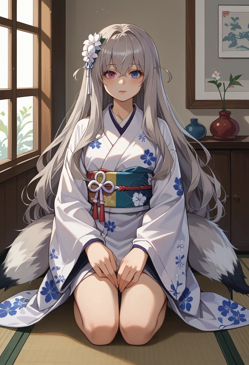 score_9, score_8_up, source_anime, 1girl, solo, Murmansk, heterochromia, fox tail, two tails, grey hair, long hair, indoors, kimono, hair flower, floral print, wariza, kneeling, <lora:ChamMurmanskPonyXL:1>