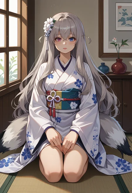 score_9, score_8_up, source_anime, 1girl, solo, Murmansk, heterochromia, fox tail, two tails, grey hair, long hair, indoors, kimono, hair flower, floral print, wariza, kneeling, <lora:ChamMurmanskPonyXL:1>