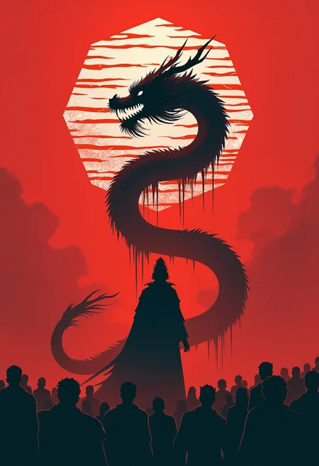 first came the dripping crimson
above is a white striped hexagon and silhouettes of an asian dragon
above again the shadow crowd watches the forefront
and above the victor stands majestic
